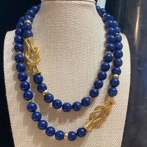 Vintage Napier Blue Bead Necklace with Gold Rope Accents